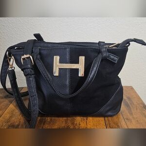 ​Halston Heritage Black Pebbled Leather & Suede Satchel Bag Gold H Logo...
